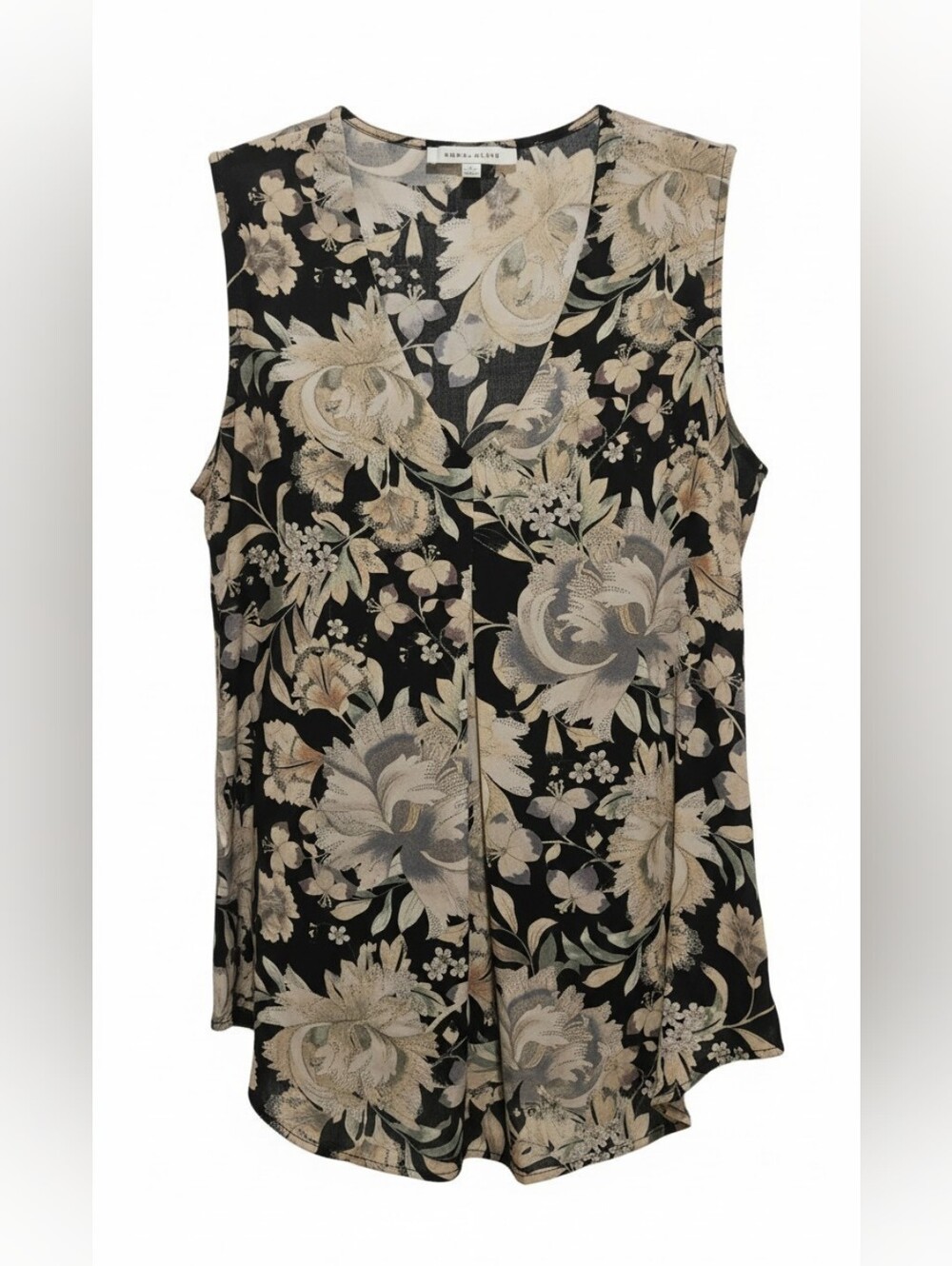 Rose & Olive Women's L Floral Sleeveless V Neck Top Black Beige 100% Polyester